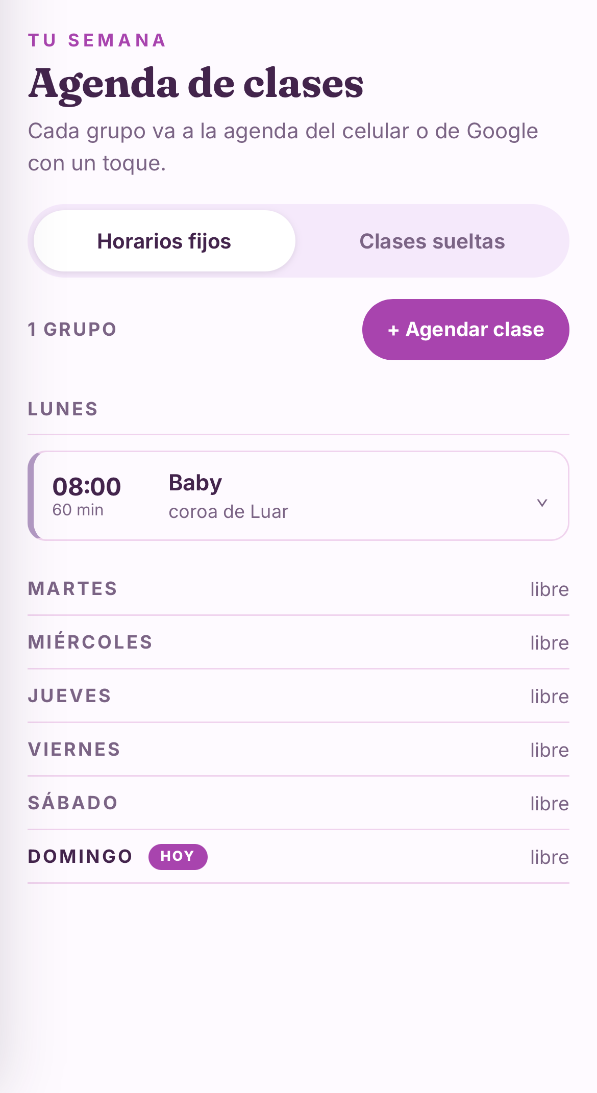 Agenda real de la app, con los horarios fijos de la semana