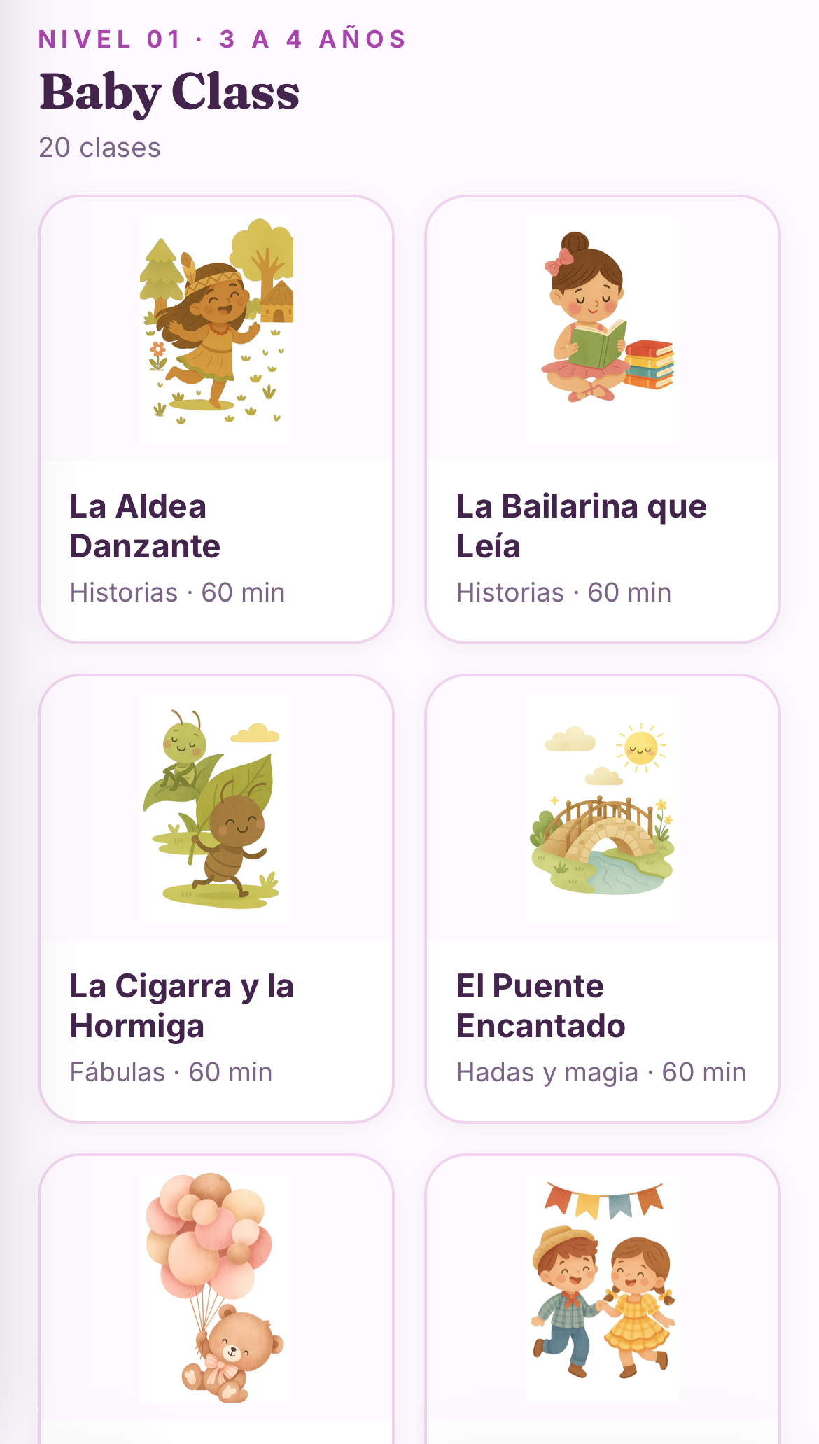 Biblioteca real de la app, clases de Baby Class con portada ilustrada