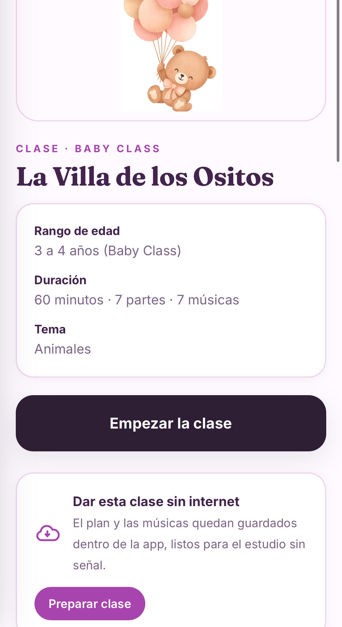 Ficha real de una clase, con rango de edad, duración y tema
